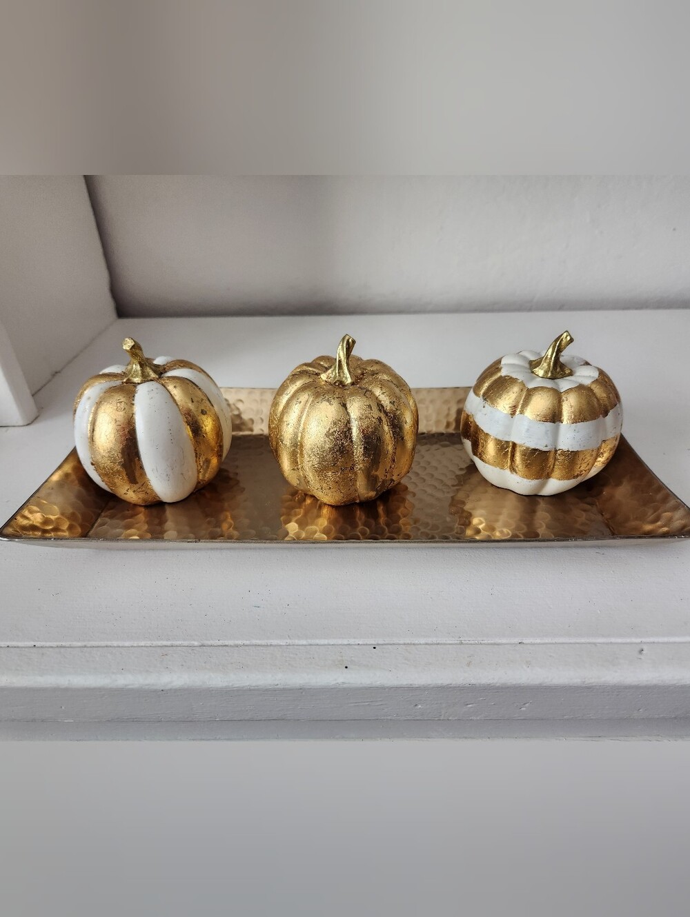 Metallic Gold  Hammerd Tray & White & Gold Pumpkin Trio Hand Painted W/Gold Leaf